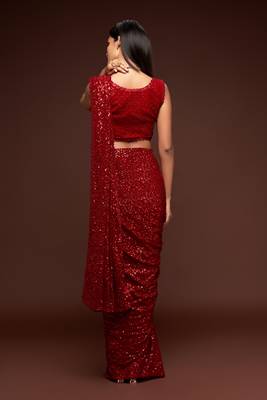 Ruby Red Thread And Multiple Sequins Embroidered Georgette Party Wear Bridal Wedding Festival Designer Saree 4