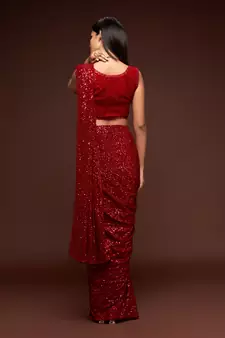 Ruby Red Thread And Multiple Sequins Embroidered Georgette Party Wear Bridal Wedding Festival Designer Saree
