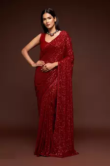 Ruby Red Thread And Multiple Sequins Embroidered Georgette Party Wear Bridal Wedding Festival Designer Saree