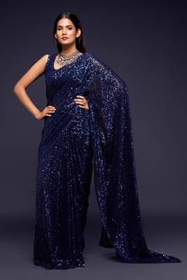 Dark Blue Thread And Multiple Sequins Embroidered Georgette Party Wear Bridal Wedding Festival Designer Saree 1