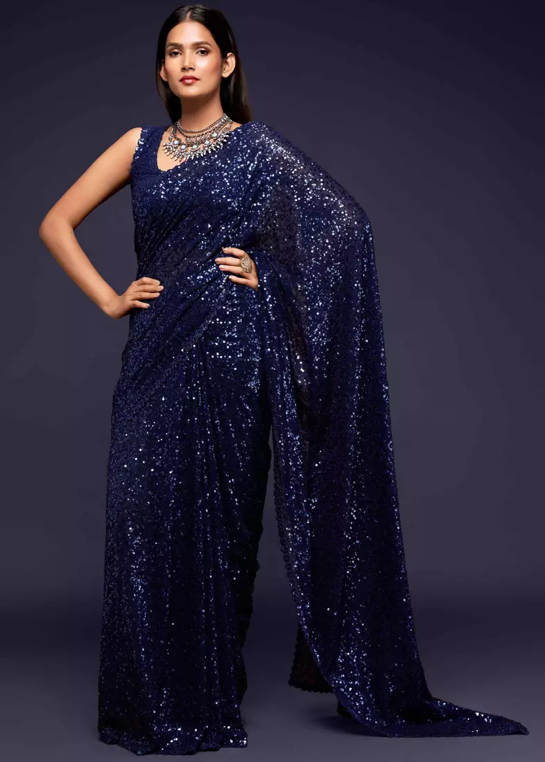 Blue embroidered georgette saree with blouse