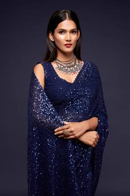 Dark Blue Thread And Multiple Sequins Embroidered Georgette Party Wear Bridal Wedding Festival Designer Saree 3
