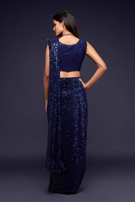 Dark Blue Thread And Multiple Sequins Embroidered Georgette Party Wear Bridal Wedding Festival Designer Saree 4