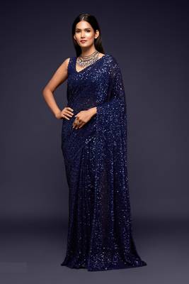 Dark Blue Thread And Multiple Sequins Embroidered Georgette Party Wear Bridal Wedding Festival Designer Saree 5