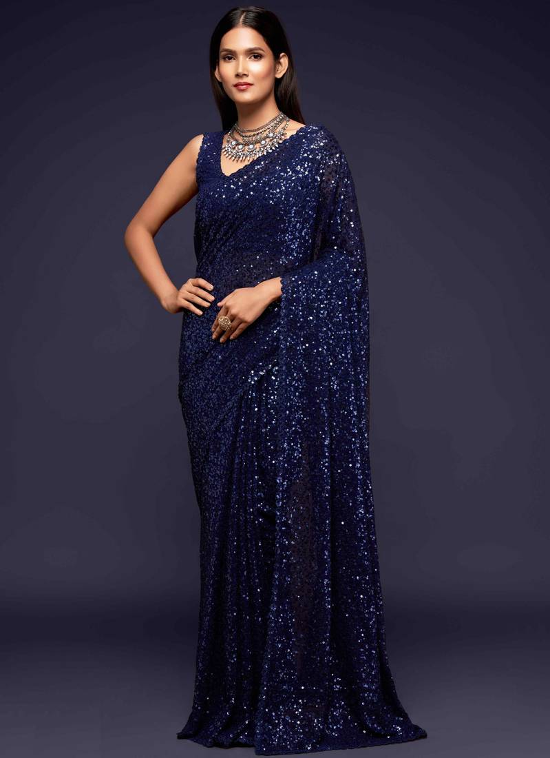Blue embroidered georgette saree with blouse