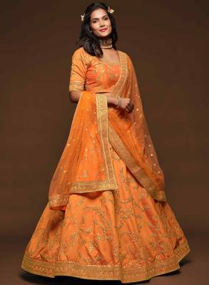 Orange Art Silk Golden Dori and Sequin Embroidered Lehenga Choli Set 1