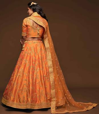 Orange Art Silk Golden Dori and Sequin Embroidered Lehenga Choli Set 2