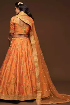Orange Art Silk Golden Dori and Sequin Embroidered Lehenga Choli Set