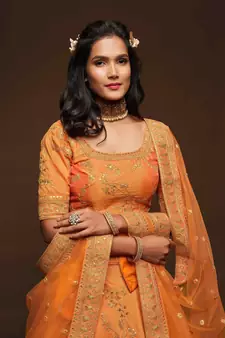 Orange Art Silk Golden Dori and Sequin Embroidered Lehenga Choli Set