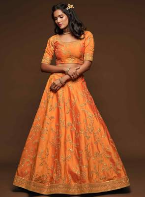 Orange Art Silk Golden Dori and Sequin Embroidered Lehenga Choli Set 4