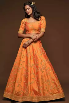 Orange Art Silk Golden Dori and Sequin Embroidered Lehenga Choli Set