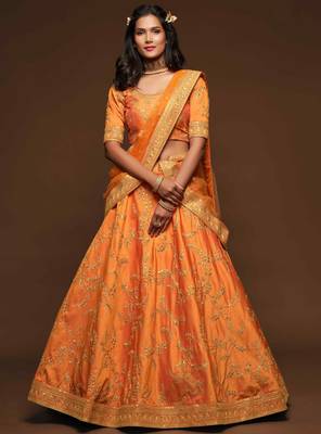 Orange Art Silk Golden Dori and Sequin Embroidered Lehenga Choli Set 5