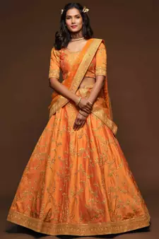 Orange Art Silk Golden Dori and Sequin Embroidered Lehenga Choli Set