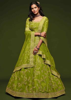 Elegance Bright Parrot Green Dori And Sequins Embroidered Bridal Designer Lehenga Choli Set 1