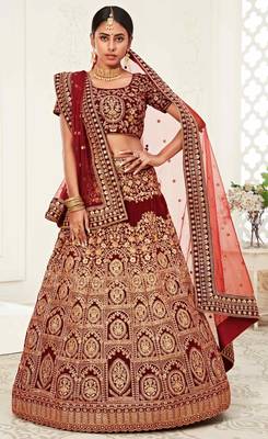 Red embroidered velvet semi stitched lehenga 1