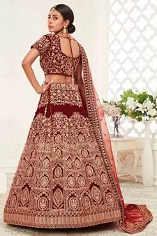 Red embroidered velvet semi stitched lehenga