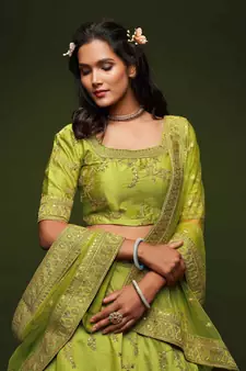 Elegance Bright Parrot Green Dori And Sequins Embroidered Bridal Designer Lehenga Choli Set