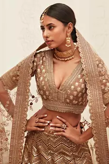 Brown embroidered silk semi stitched lehenga