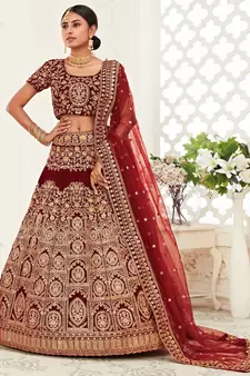 Red embroidered velvet semi stitched lehenga