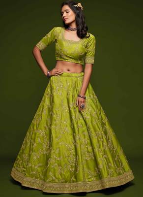 Elegance Bright Parrot Green Dori And Sequins Embroidered Bridal Designer Lehenga Choli Set 4
