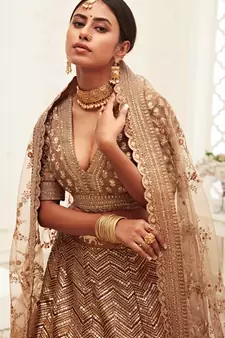 Brown embroidered silk semi stitched lehenga