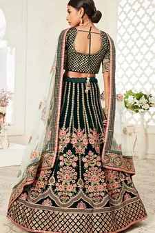 Green Zari & Dori Embroidered with Diamond Work Velvet Semi Stitched Lehenga