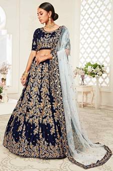 Navy-blue embroidered velvet semi stitched lehenga