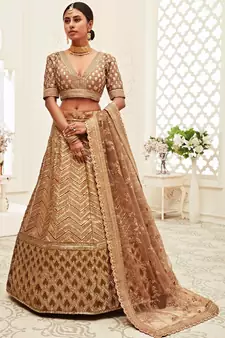 Brown embroidered silk semi stitched lehenga