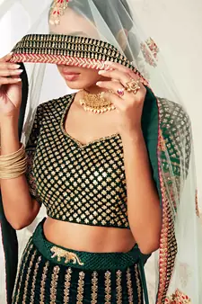 Green Zari & Dori Embroidered with Diamond Work Velvet Semi Stitched Lehenga