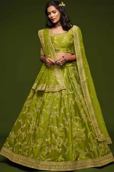 Elegance Bright Parrot Green Dori And Sequins Embroidered Bridal Designer Lehenga Choli Set