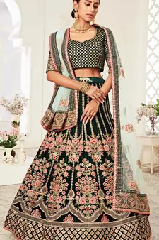 Green Zari & Dori Embroidered with Diamond Work Velvet Semi Stitched Lehenga