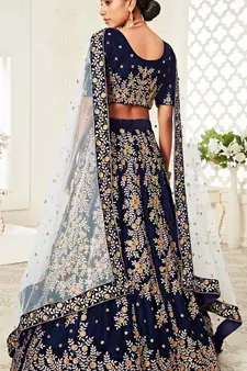 Navy-blue embroidered velvet semi stitched lehenga