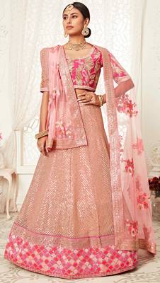 Pink embroidered net semi stitched lehenga 1