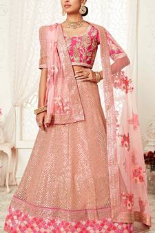 Pink embroidered net semi stitched lehenga