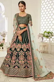 Green Zari & Dori Embroidered with Diamond Work Velvet Semi Stitched Lehenga