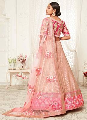 Pink embroidered net semi stitched lehenga 2