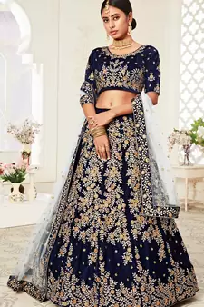 Navy-blue embroidered velvet semi stitched lehenga