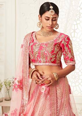 Pink embroidered net semi stitched lehenga 3