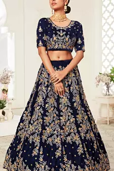 Navy-blue embroidered velvet semi stitched lehenga