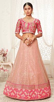 Pink embroidered net semi stitched lehenga 5