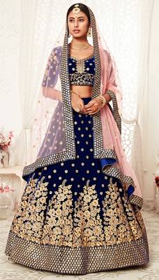 Navy-blue embroidered velvet semi stitched lehenga 2