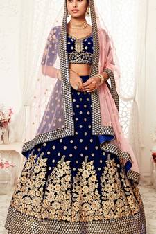 Navy-blue embroidered velvet semi stitched lehenga