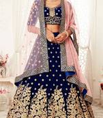 Navy-blue embroidered velvet semi stitched lehenga