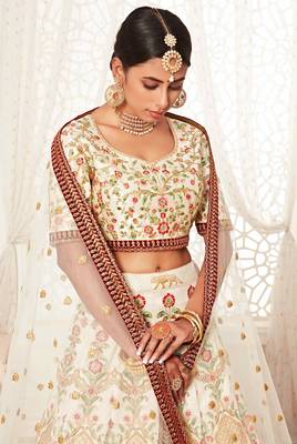 Off-white embroidered art silk semi stitched lehenga 3