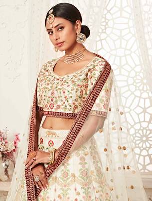 Off-white embroidered art silk semi stitched lehenga 4