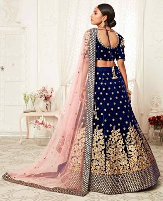 Navy-blue embroidered velvet semi stitched lehenga 3