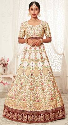 Off-white embroidered art silk semi stitched lehenga 5