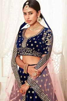 Navy-blue embroidered velvet semi stitched lehenga