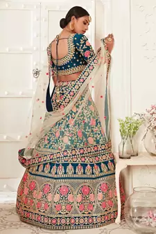 Blue embroidered silk semi stitched lehenga