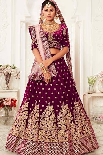 Purple Velvet Embroidered Bridal Lehenga Choli